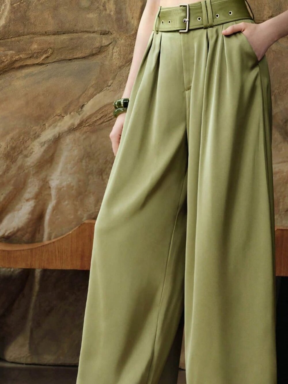 Olive Green Elegant Satin Wide-Leg Women's High-Waisted Office Pants - Picture 4 of 7
